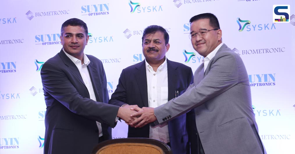 From L to R Mr. Prabhu Sridharan, MD, Biometronic, Mr. Rajesh Uttamchandani, Director, Syska Group, Mr. Gary Lee, Chairman, Suyin Optronics